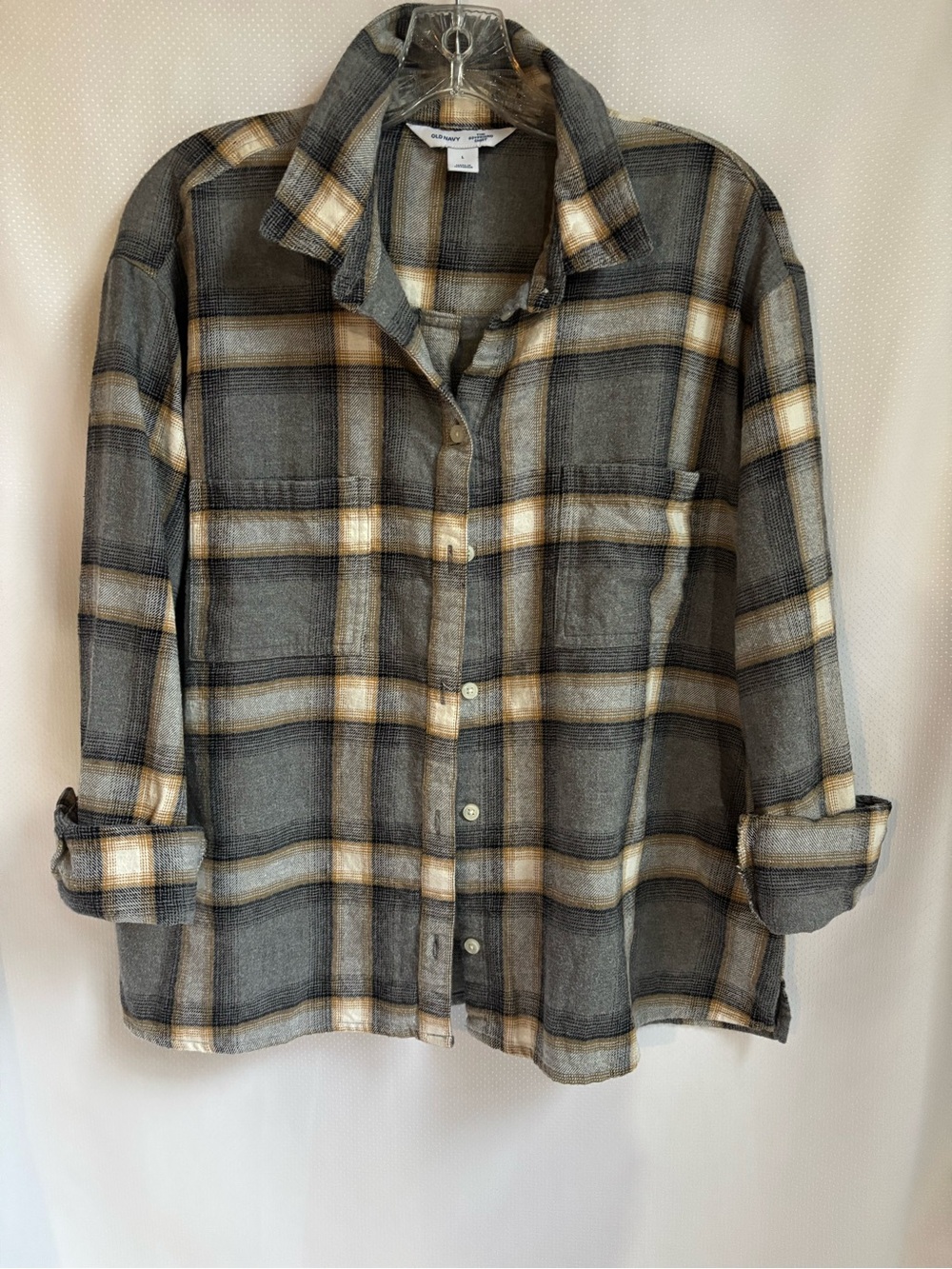 Old Navy The Boyfriend Shirt Plaid Flannel Button Down Grey Yellow Size L